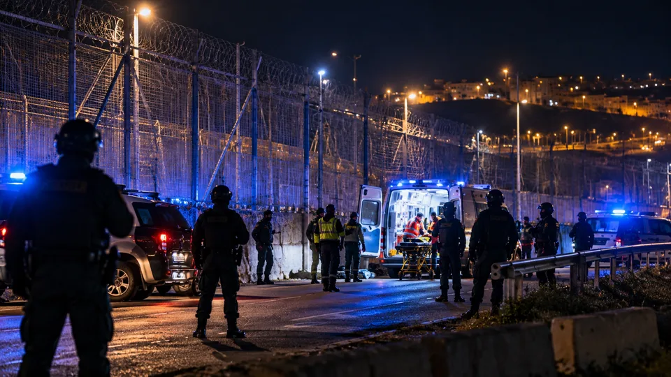 Recreación visual del entorno fronterizo de Ceuta durante un dispositivo reforzado de seguridad.