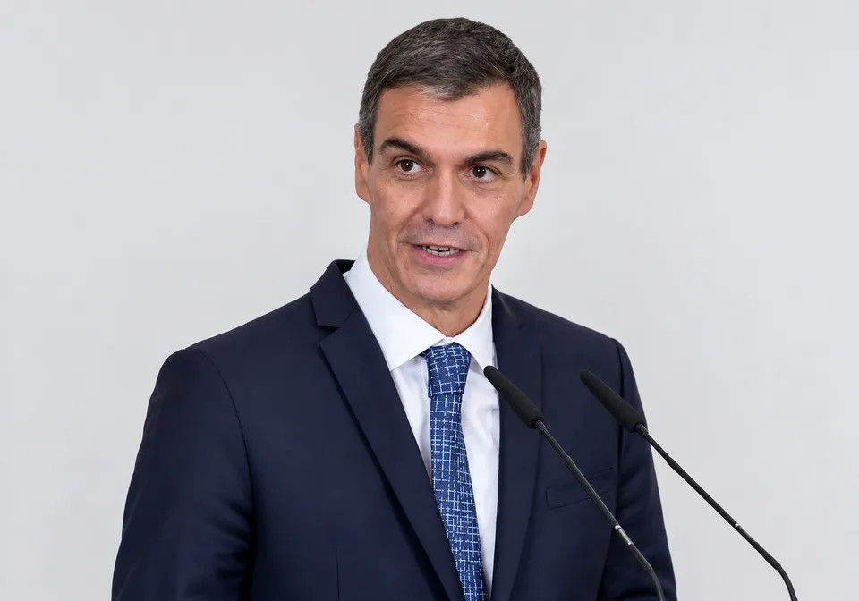 Pedro Sánchez durante una intervención pública ante dos micrófonos.