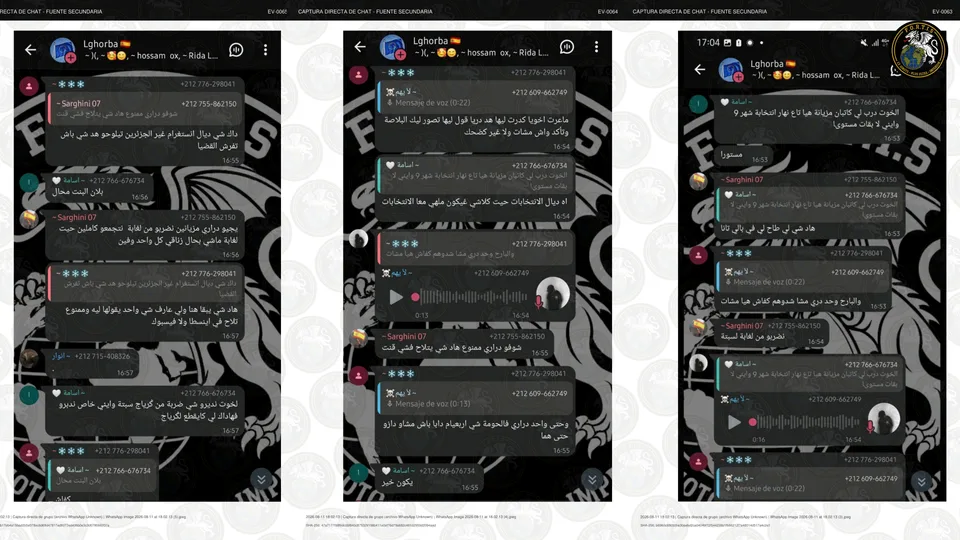 Tres capturas de conversaciones de un grupo de WhatsApp vinculadas al seguimiento de posibles nuevas convocatorias hacia Ceuta, preservadas en el archivo de investigación FORTIS.