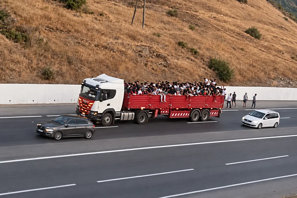 Camión con jóvenes en una carretera próxima a Tetuán durante la crisis de Ceuta del 30 de julio de 2026.