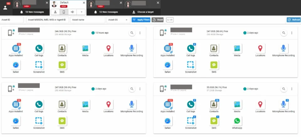 Captura auténtica de Predator Delivery Studio, interfaz de Intellexa con cuatro fichas de teléfonos y módulos para aplicaciones, llamadas, contactos, archivos, ubicación, micrófono, capturas y mensajes, con identificadores ocultos.