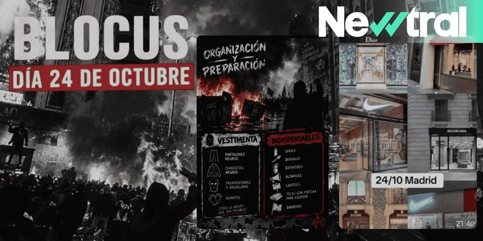 Capturas de perfiles y publicaciones públicas de TikTok analizadas por Newtral el 23 de octubre sobre convocatorias juveniles del 24 de octubre.