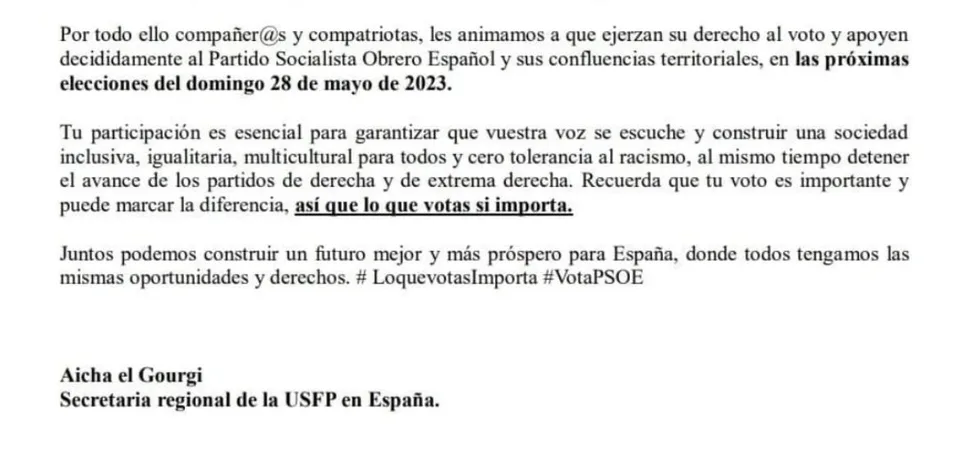 Carta de la estructura española del USFP que pidió el voto para el PSOE entre electores españoles de origen marroquí en 2023.
